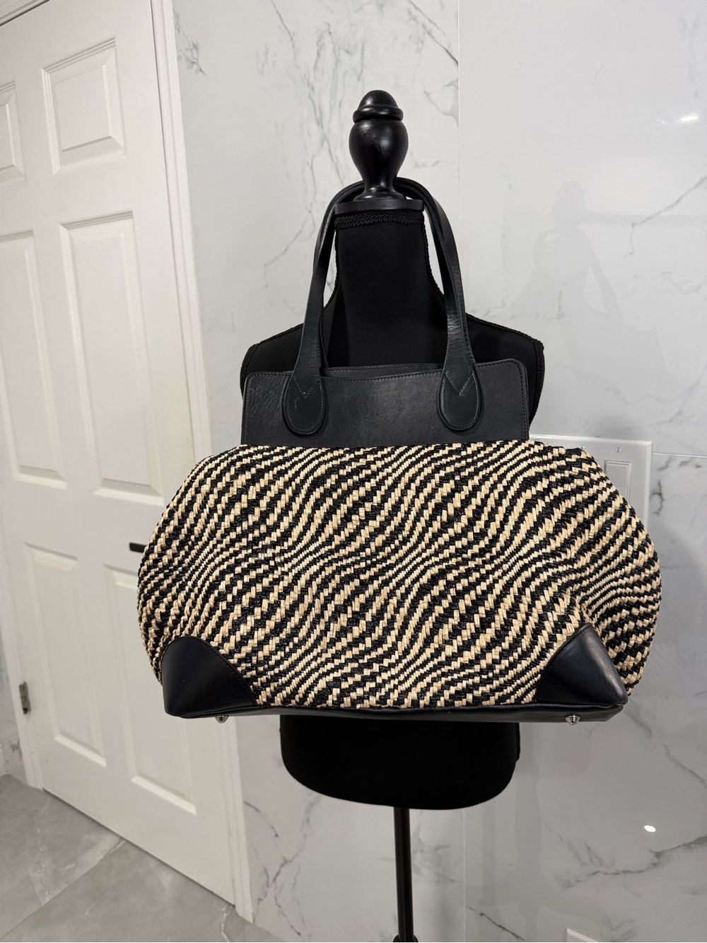 Laura Di Maggio Black and Cream Woven Tote with Leather Trim